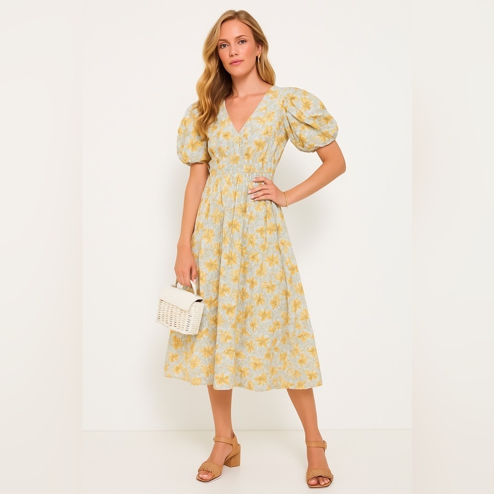 Hyacinth House NEW Blue and Orange Floral Puff Sleeve Pauline Midi Dress Medium